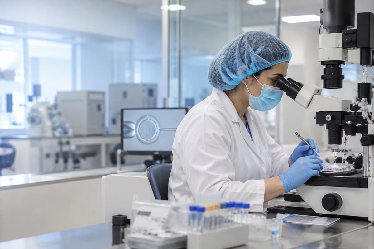 Embryologiste réalisant une micro-injection (ICSI) au laboratoire de FIV d'une clinique partenaire à Tunis